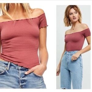 Free People Moulin Ruched Crop Off Shoulder Top Maroon